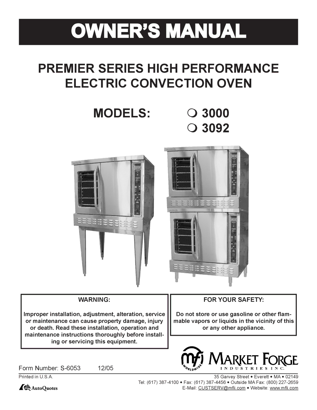 Market Forge Industries M 3000, M 3092 owner manual For Your Safety 