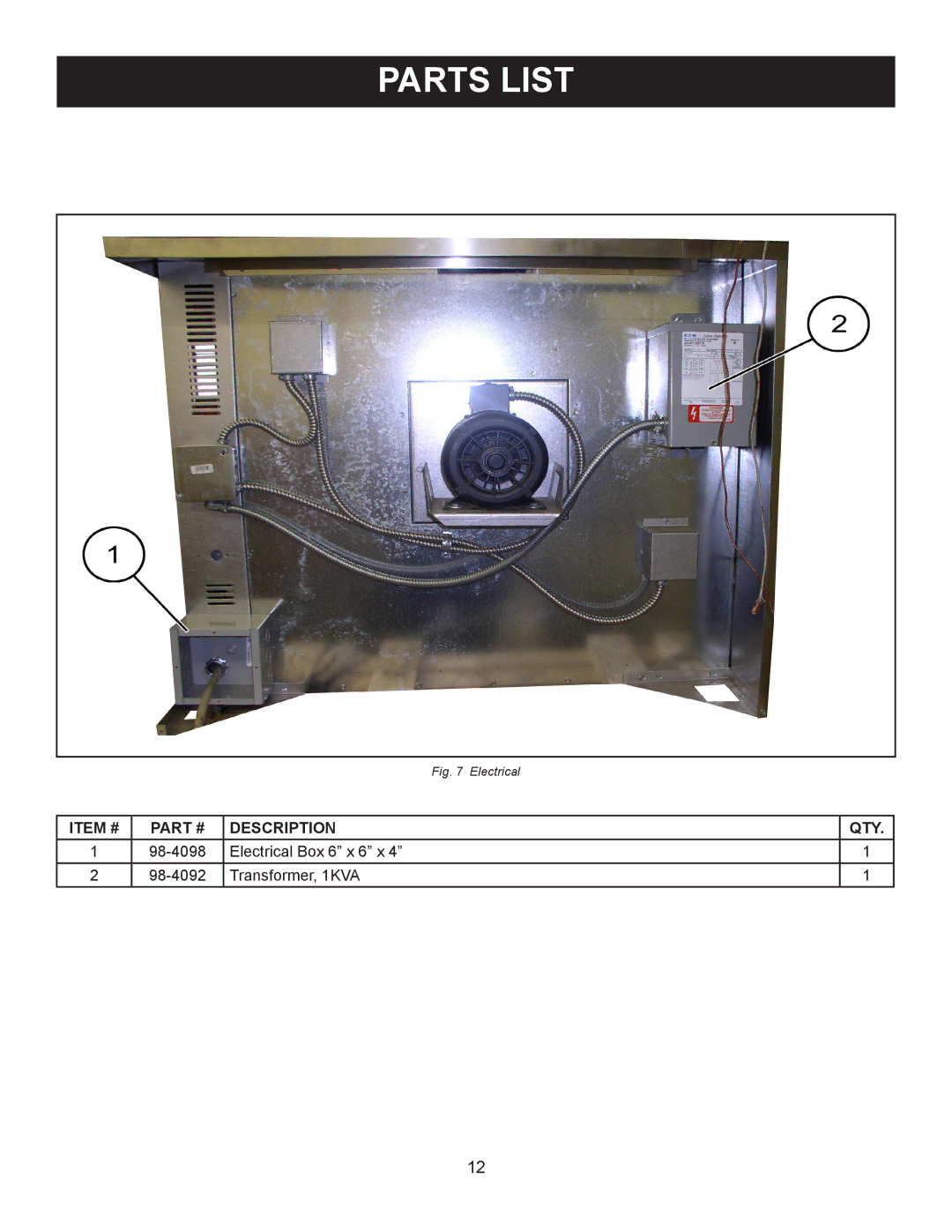 Market Forge Industries M 3000, M 3092 owner manual Electrical Box 6 x 6 x 98-4092 Transformer, 1KVA 