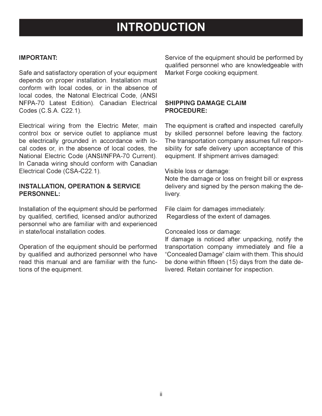 Market Forge Industries M 3000 Introduction, INSTALLATION, Operation & Service Personnel, Shipping Damage Claim Procedure 