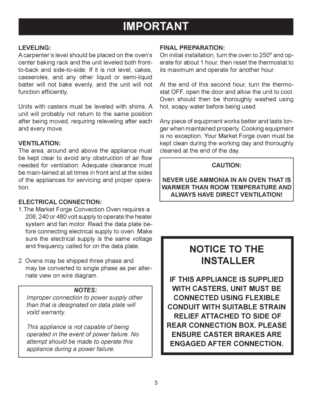 Market Forge Industries M 3092, M 3000 owner manual Leveling, Electrical Connection, Final Preparation 