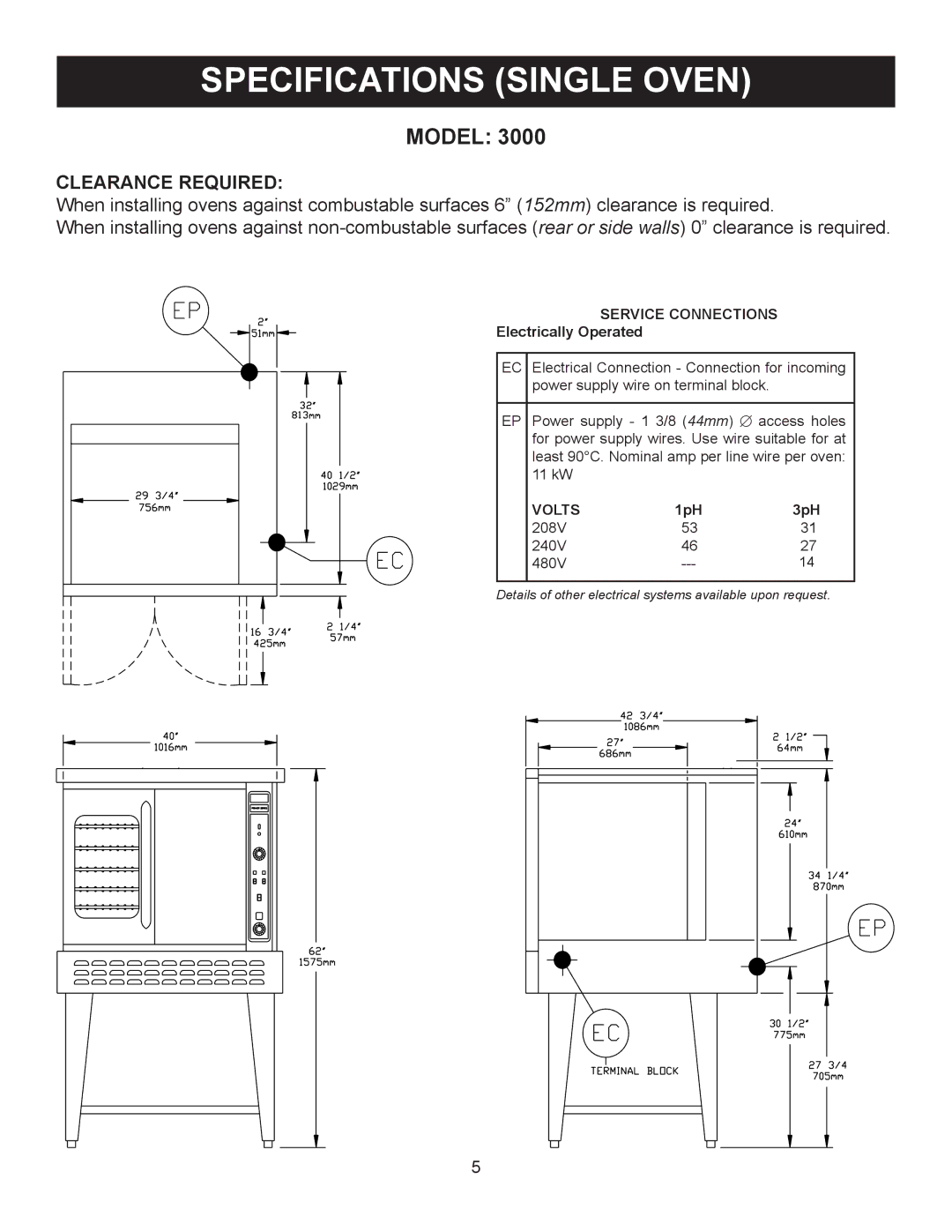 Market Forge Industries M 3092, M 3000 owner manual Specifications Single Oven, Clearance Required 