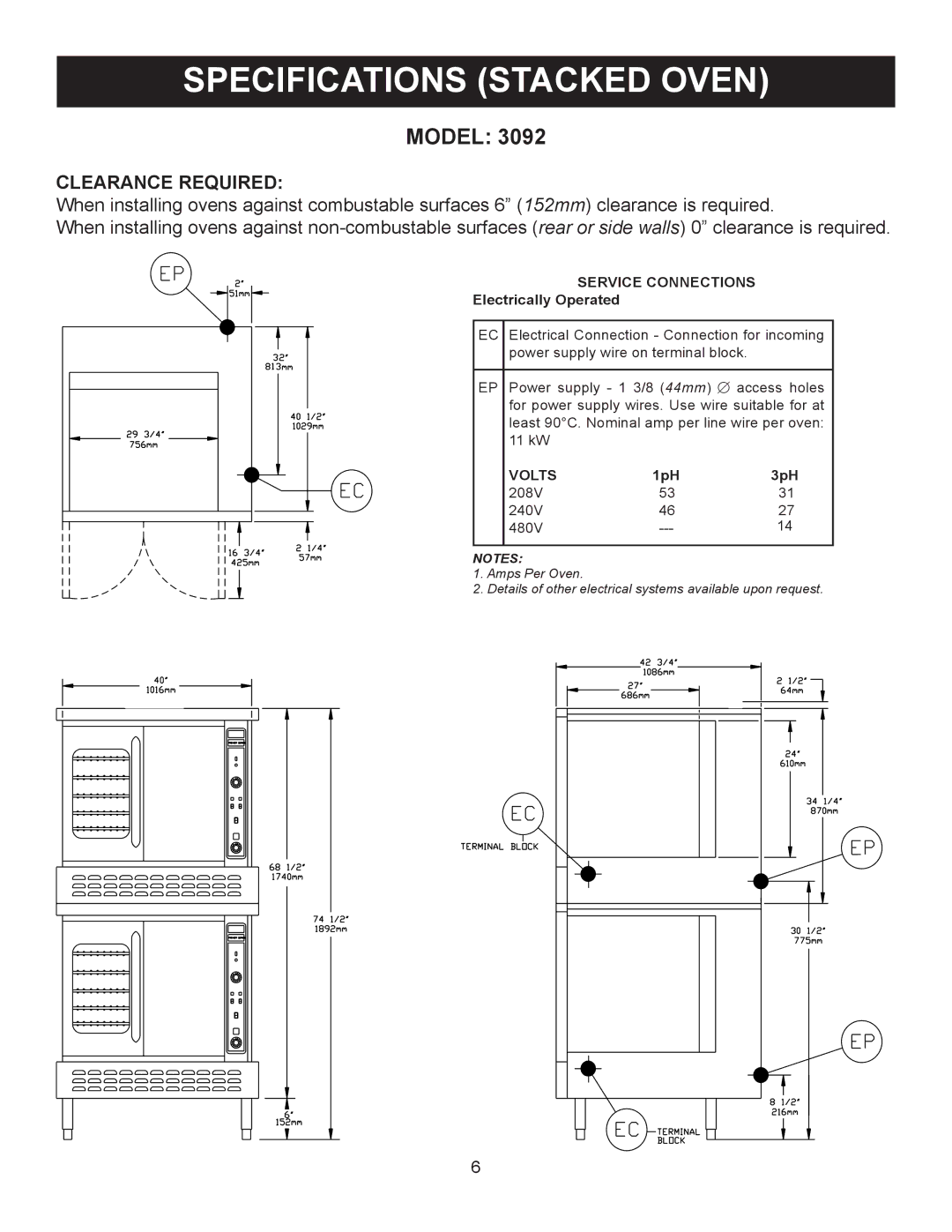 Market Forge Industries M 3000, M 3092 owner manual Specifications Stacked Oven 