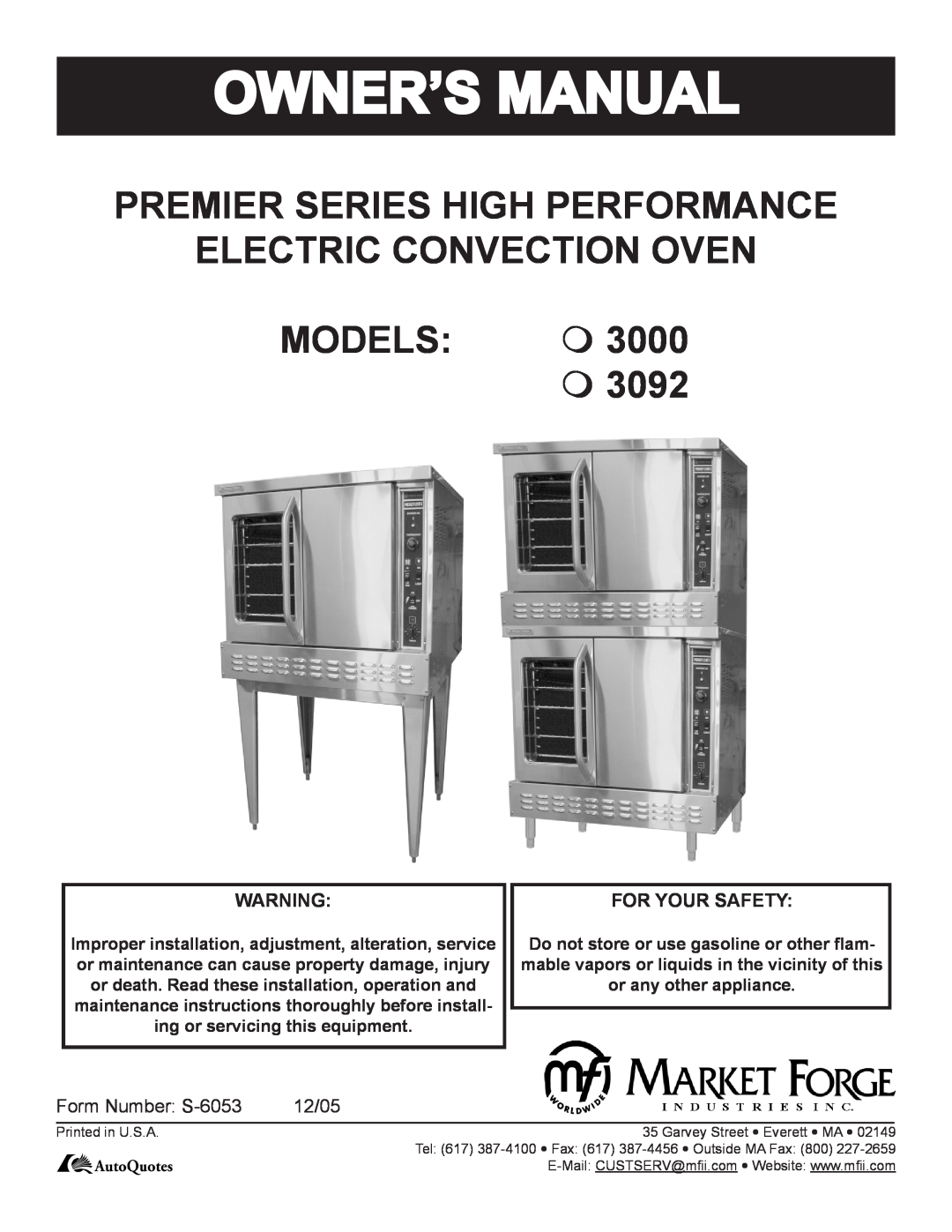 Market Forge Industries M 3000 owner manual For Your Safety, Premier Series High Performance, Electric Convection Oven 