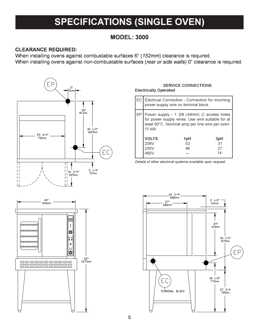 Market Forge Industries M 3092, M 3000 owner manual Specifications Single Oven, Model, Clearance Required 
