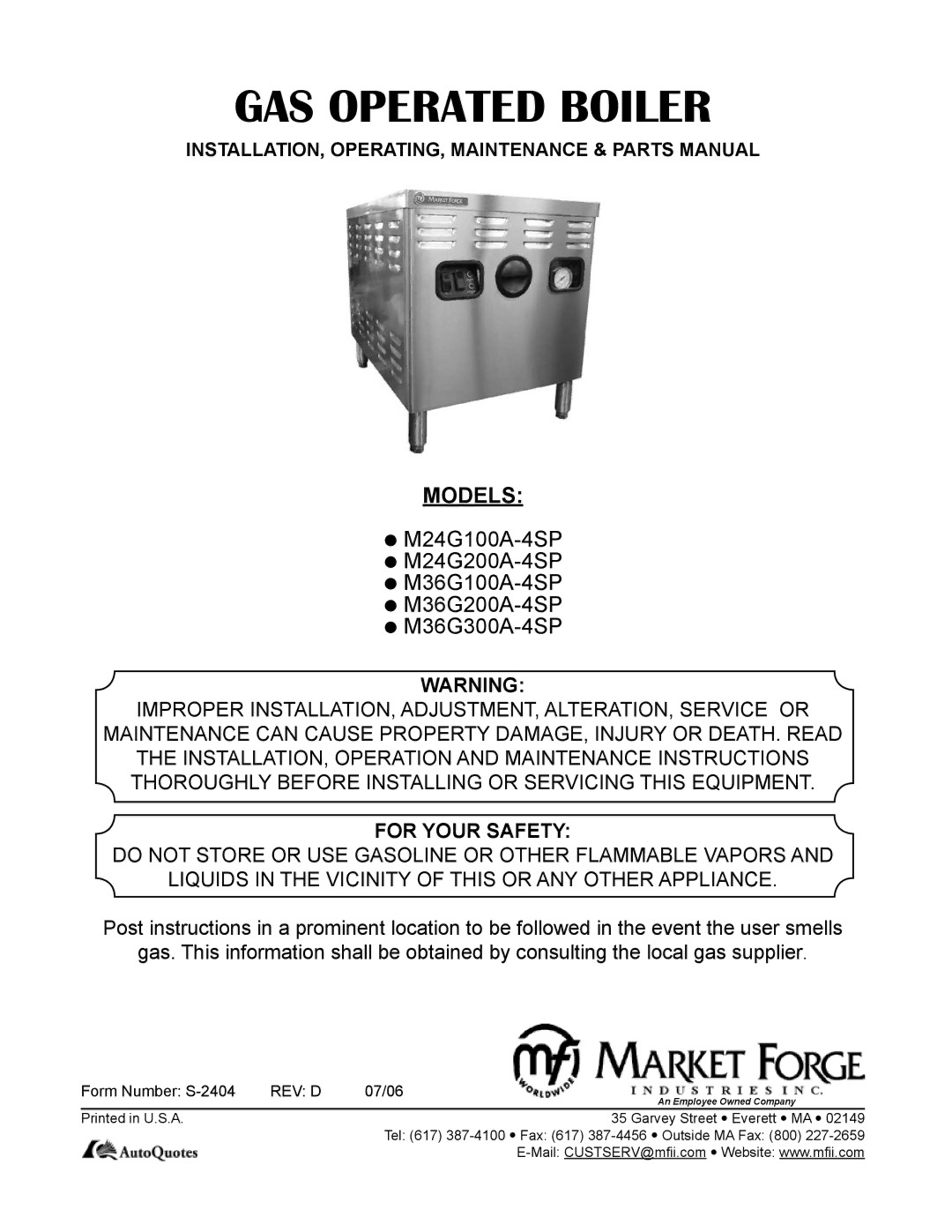 Market Forge Industries M24G100A-4SP, M36G300A-4SP, M24G200A-4SP, Gas Operated Boiler manual GAS Operated Boiler 