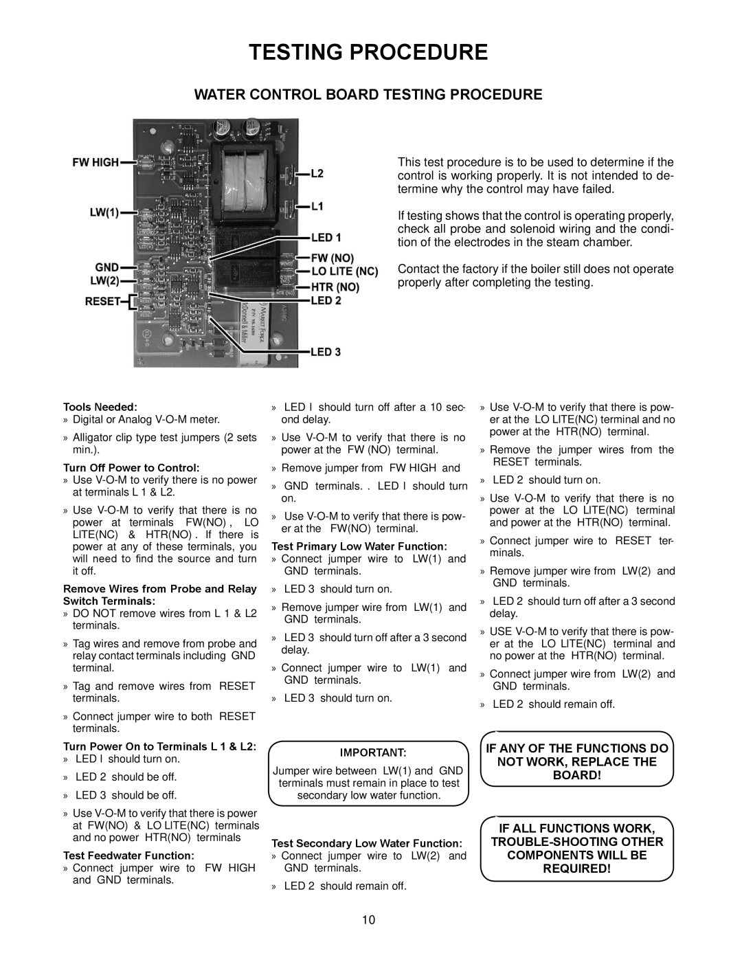 Market Forge Industries M24G100A-4SP, M36G300A-4SP, M24G200A-4SP, M36G100A-4SP Water Control Board Testing Procedure 