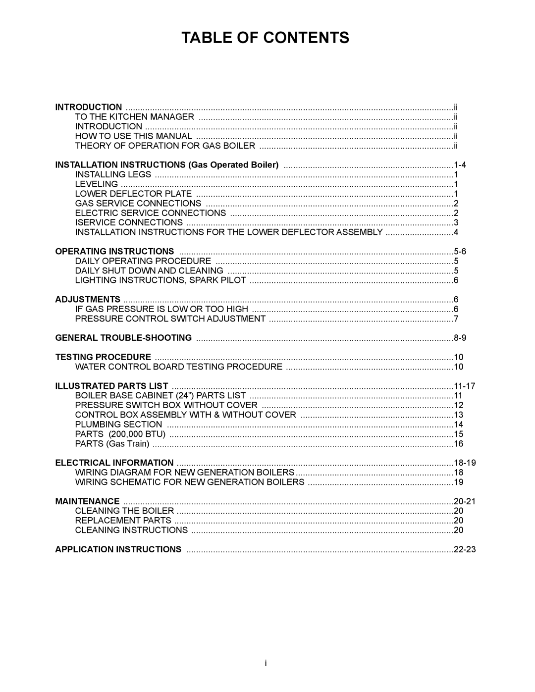 Market Forge Industries M24G200A-4SP, M36G300A-4SP, M24G100A-4SP, Gas Operated Boiler, M36G100A-4SP manual Table of Contents 