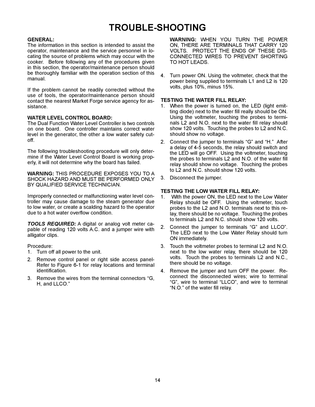Market Forge Industries ST-3E, ST-6E manual Trouble-Shooting, Water Level Control Board, Testing the Water Fill Relay 
