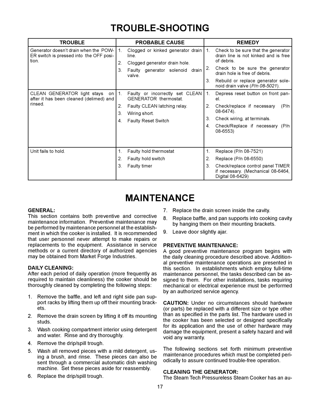 Market Forge Industries ST-3E, ST-6E, STEAM-TECH ELECTRIC STEAM COOKER Preventive Maintenance, Cleaning the Generator 