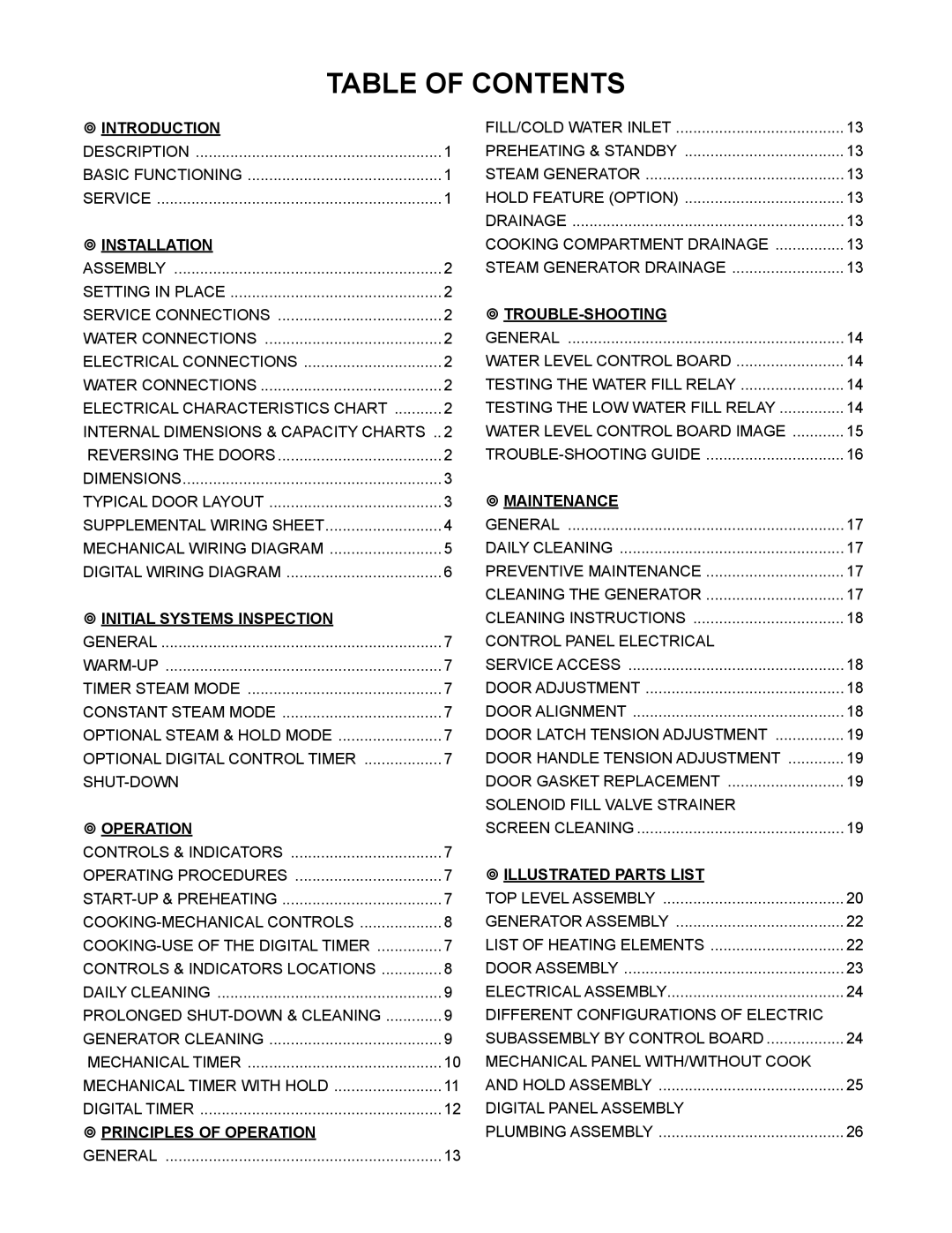 Market Forge Industries STEAM-TECH ELECTRIC STEAM COOKER, ST-6E, ST-3E manual Table of Contents 