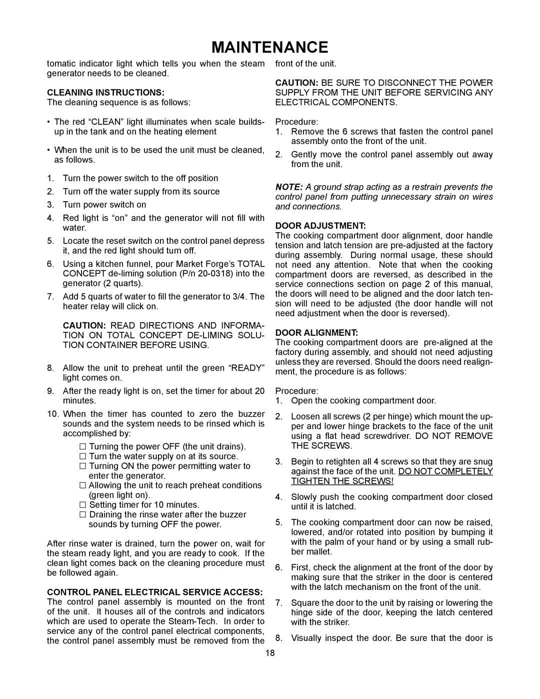 Market Forge Industries STEAM-TECH ELECTRIC STEAM COOKER, ST-6E Cleaning Instructions, Door Adjustment, Door Alignment 