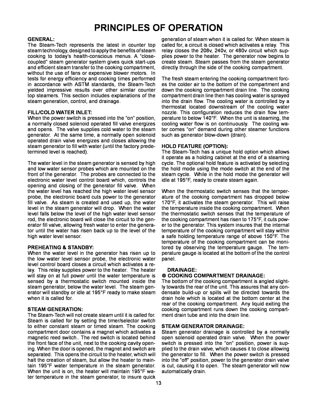 Market Forge Industries ST-6E manual Principles Of Operation, Fill/Cold Water Inlet, Preheating & Standby, Steam Generation 