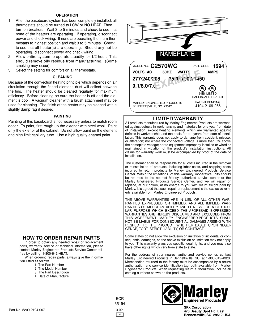 Marley Engineered Products C2500, C1800 instruction sheet Operation, Cleaning, Painting, Volts AC 60HZ Watts Amps 