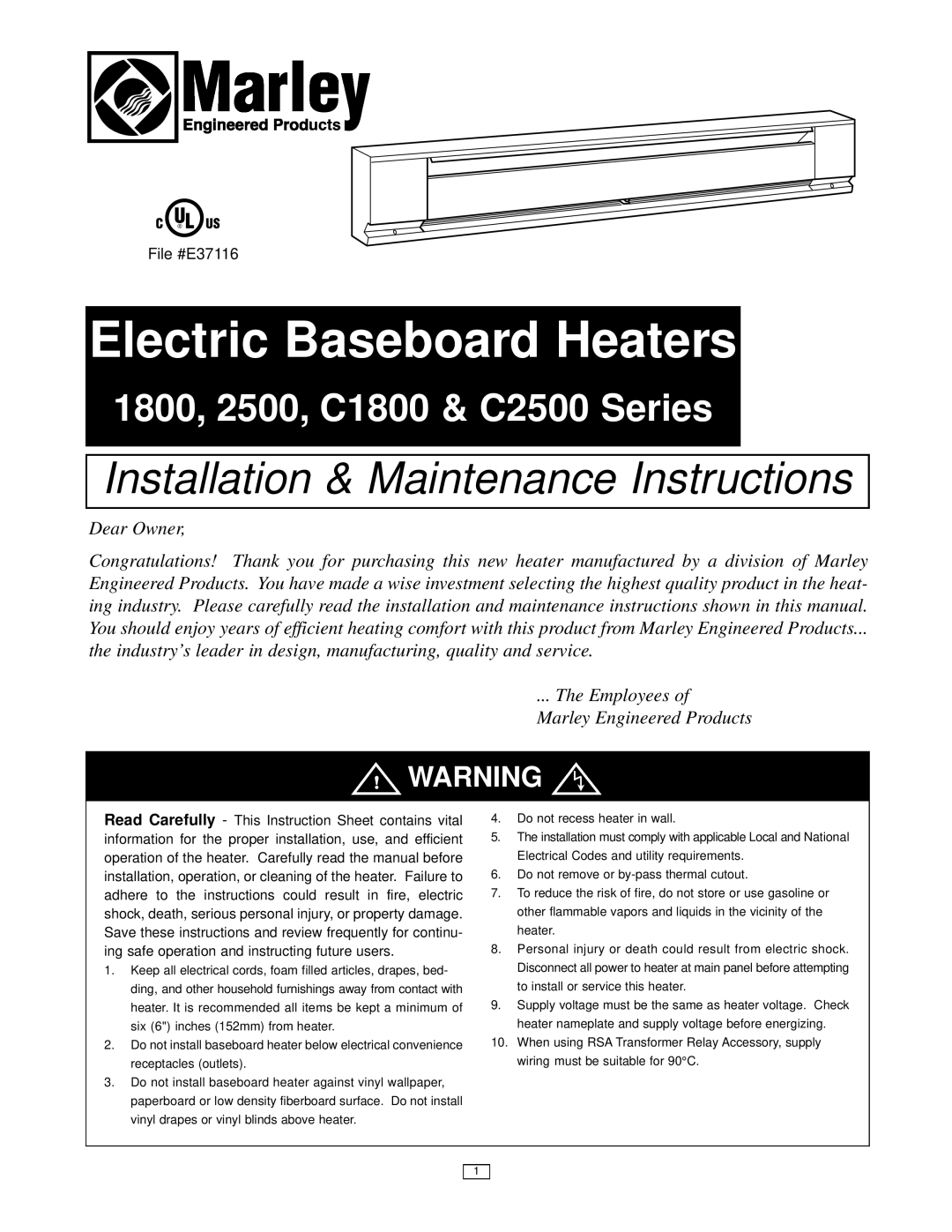 Marley Engineered Products C2500 instruction sheet Electric Baseboard Heaters, Installation & Maintenance Instructions 