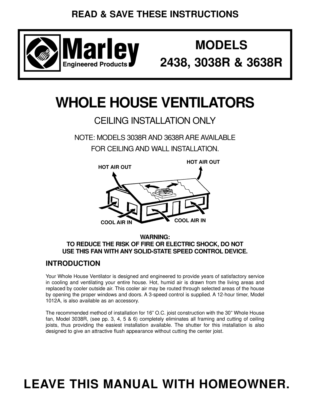 Marley Engineered Products 3638R, 2438, 3038R manual Introduction, HOT AIR OUT Cool AIR 