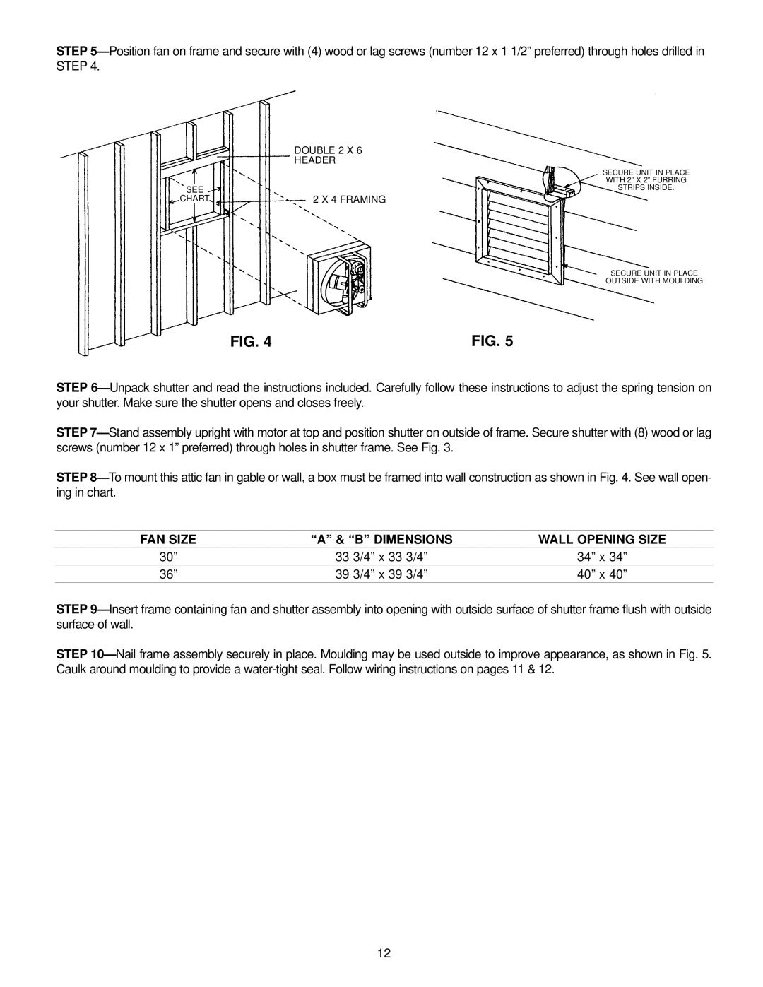 Marley Engineered Products 3638R, 2438, 3038R manual FAN Size Dimensions Wall Opening Size 