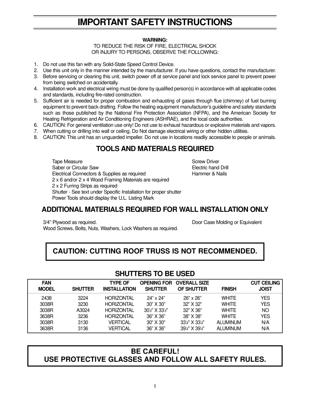 Marley Engineered Products 3038R Tools and Materials Required, Additional Materials Required for Wall Installation only 