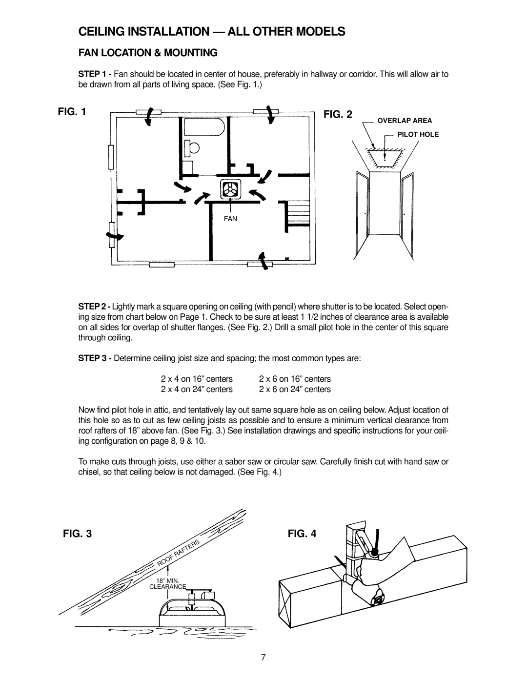 Marley Engineered Products 3038R, 2438, 3638R manual Ceiling Installation ALL Other Models, FAN Location & Mounting 