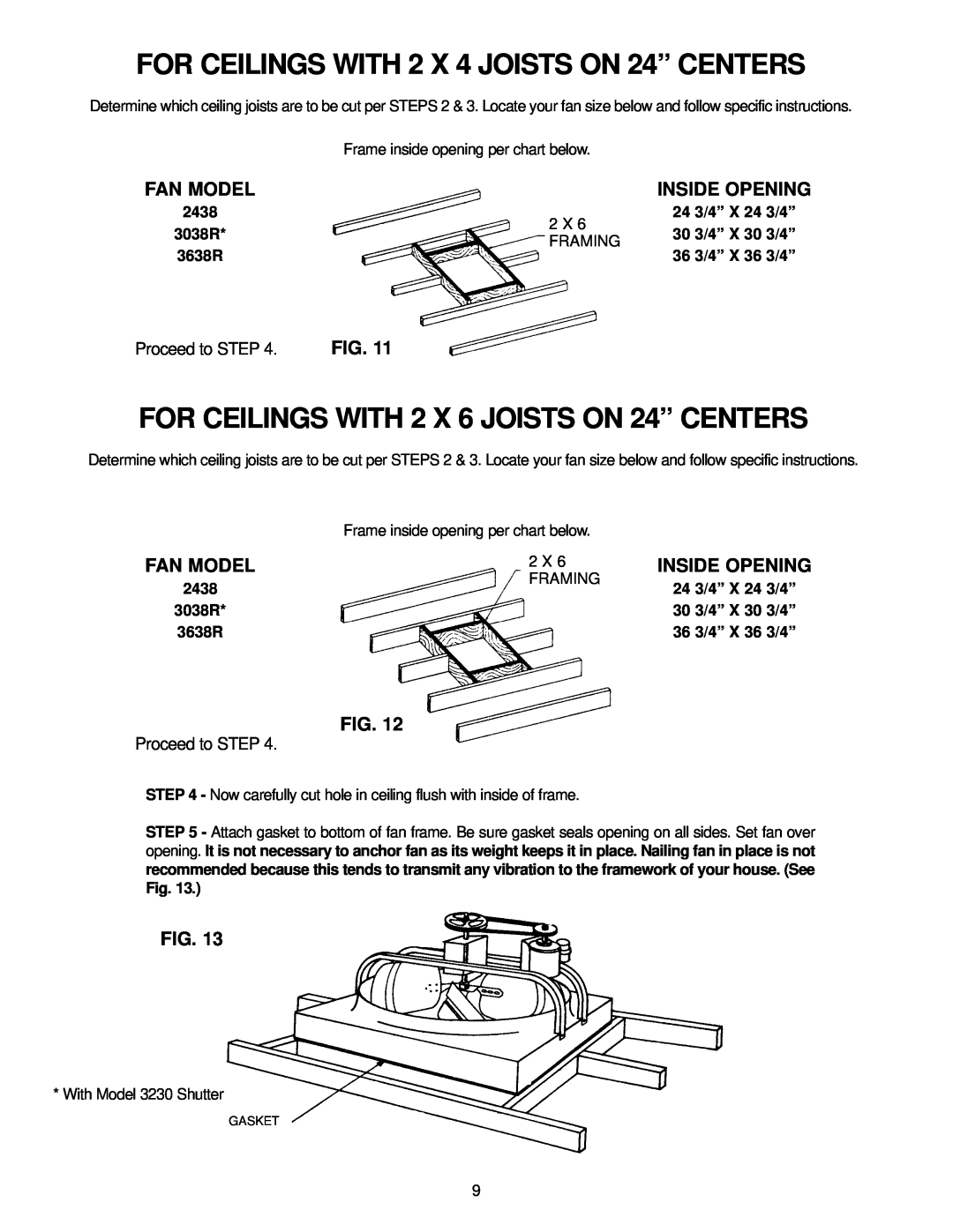 Marley Engineered Products 3638R FOR CEILINGS WITH 2 X 4 JOISTS ON 24” CENTERS, Fan Model, Inside Opening, Proceed to STEP 