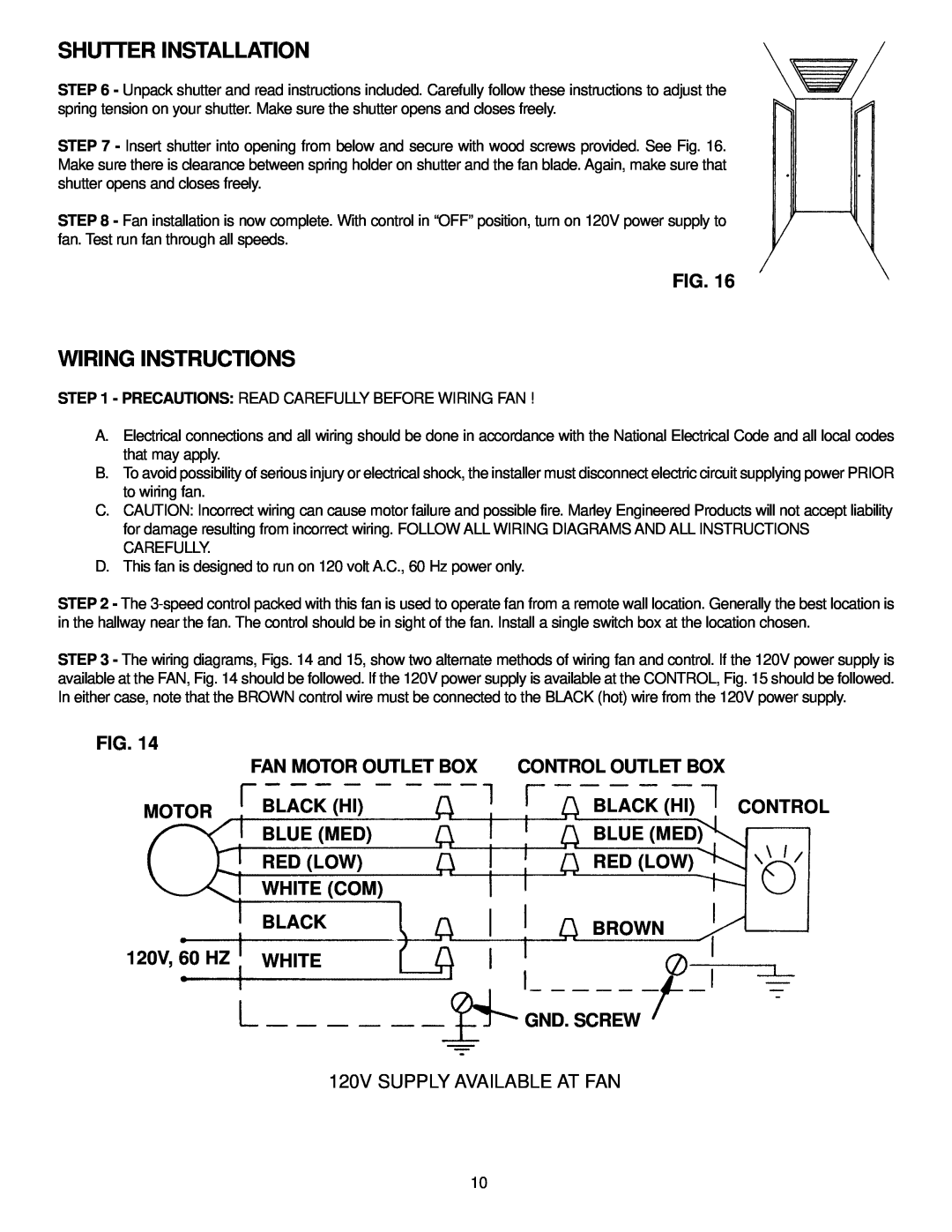 Marley Engineered Products 3038R, 2438, 3638R manual Wiring Instructions, Shutter Installation 