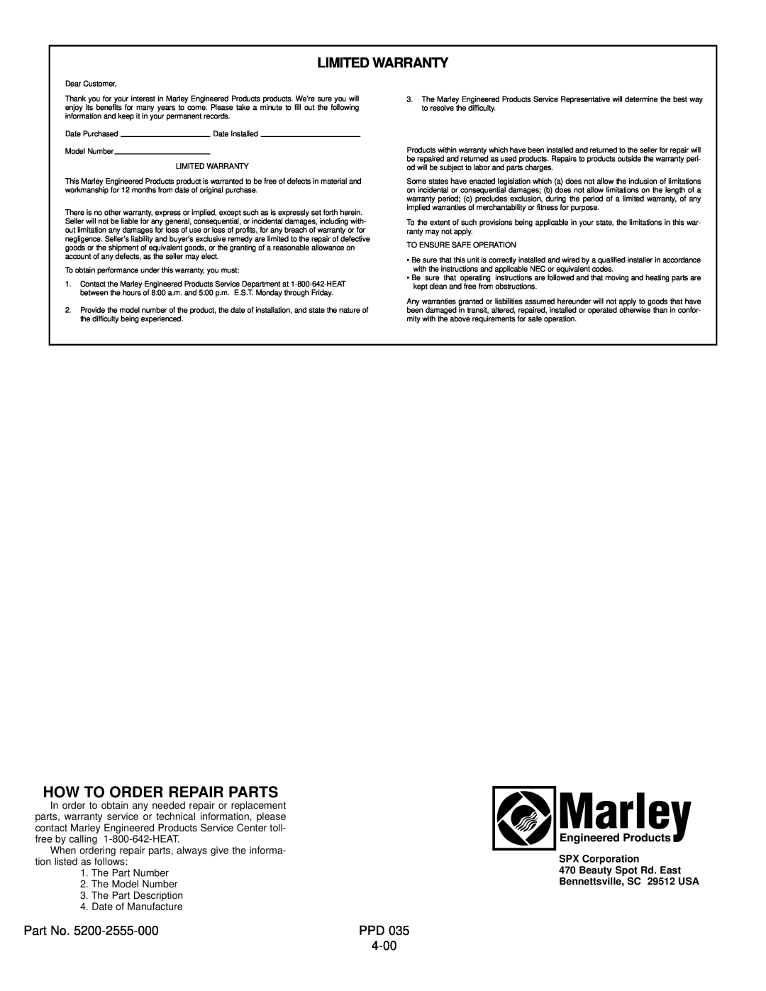 Marley Engineered Products 3638R, 2438, 3038R manual How To Order Repair Parts, Limited Warranty, Serial Number 