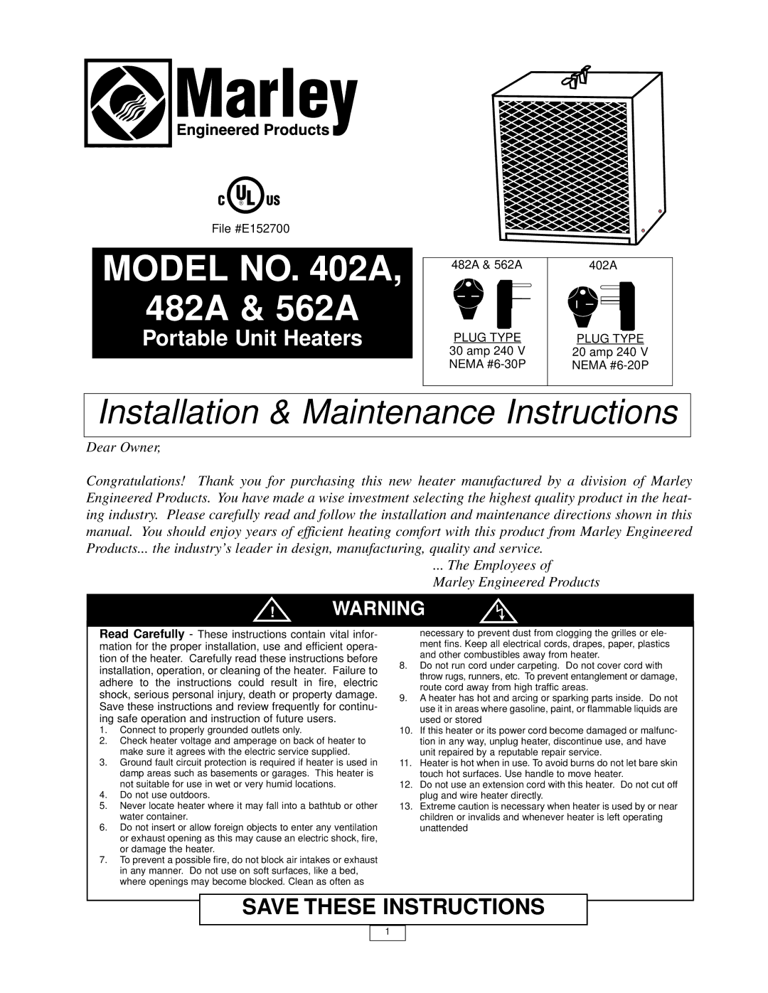 Marley Engineered Products 562A, 482A, 402A manual Model no a, Connect to properly grounded outlets only 