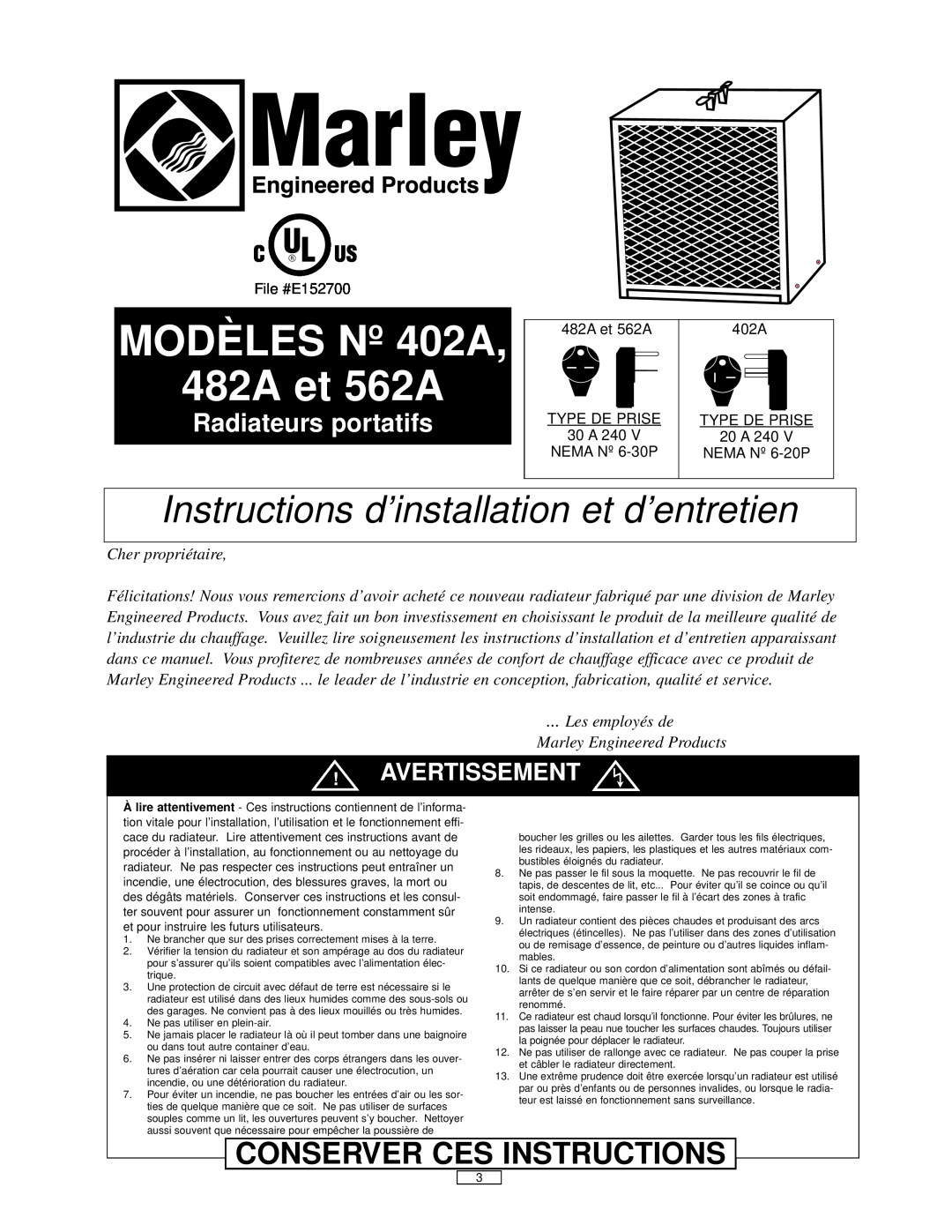 Marley Engineered Products MODÈLES Nº 402A, 482A et 562A, Conserver Ces Instructions, Avertissement, Cher propriétaire 