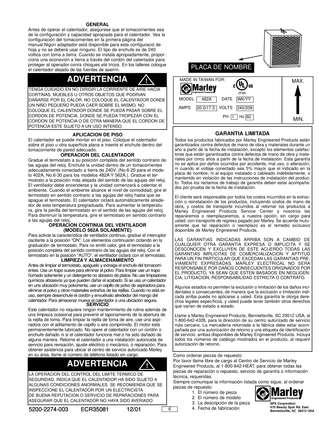 Marley Engineered Products 482A Placa De Nombre, ECR35081, Garantia Limitada, General, Aplicacion De Piso, Servicio, 12/01 