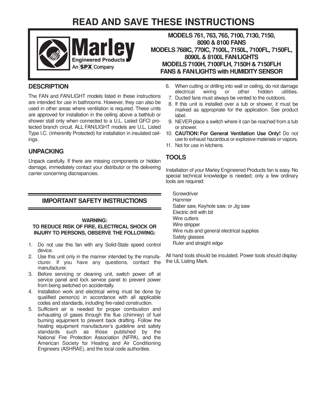 Marley Engineered Products 763 important safety instructions Description, Unpacking, Important Safety Instructions, Tools 