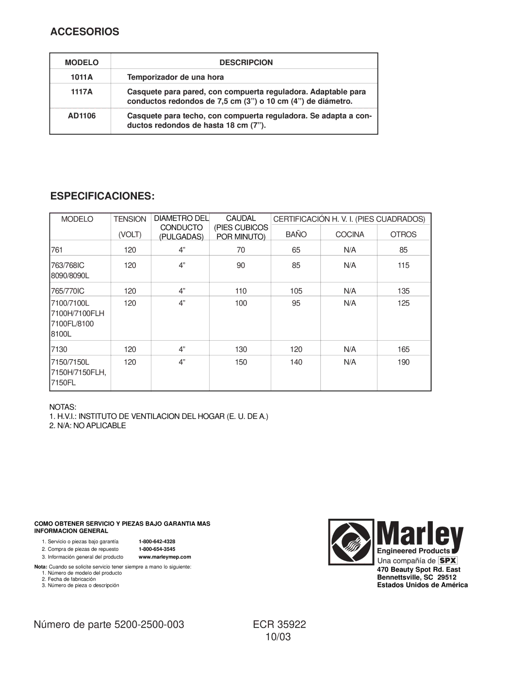 Marley Engineered Products 763, 761, 7100FL, 7100L, 765, 7150L, 8090, 8100L, 770IC, 768IC, 7130 Accesorios, Especificaciones 