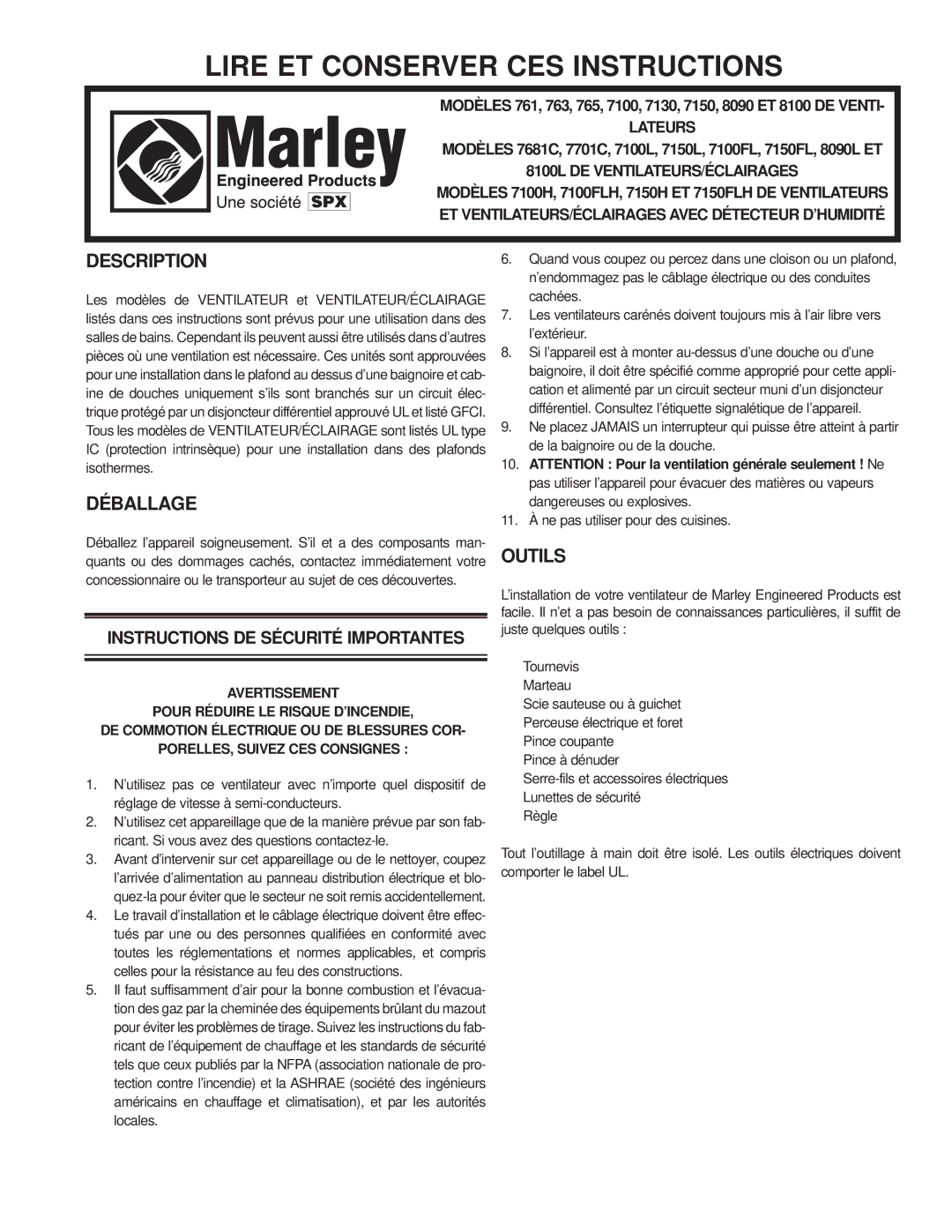 Marley Engineered Products 7100FL, 761, 763, 7100L, 765, 7150L, 8090, 8100L, 770IC, 768IC, 7130, 7150FL Déballage, Outils 