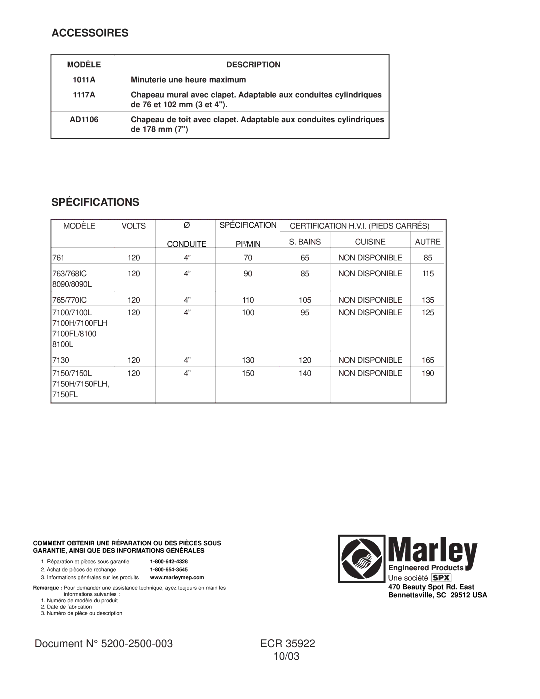 Marley Engineered Products 761, 763, 7100FL, 7100L, 765, 7150L, 8090, 8100L, 770IC, 768IC, 7130 Accessoires, Spécifications 