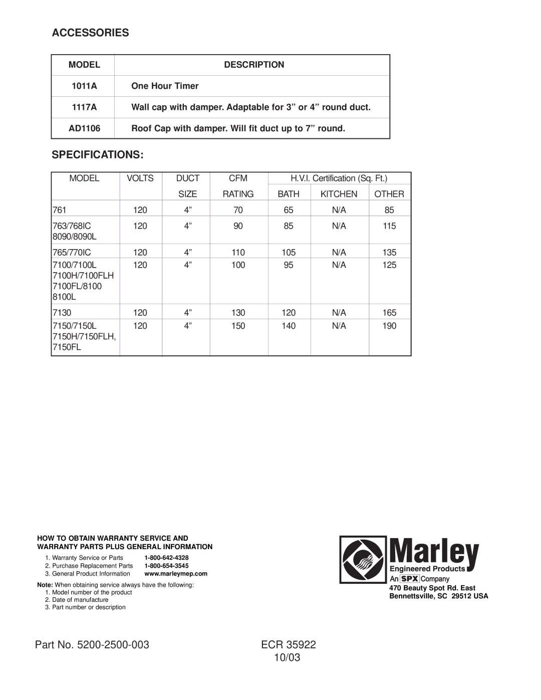 Marley Engineered Products 8100L, 761, 763, 7100FL, 7100L, 765, 7150L, 8090, 770IC, 768IC, 7130, 7150FL Accessories, Specifications 