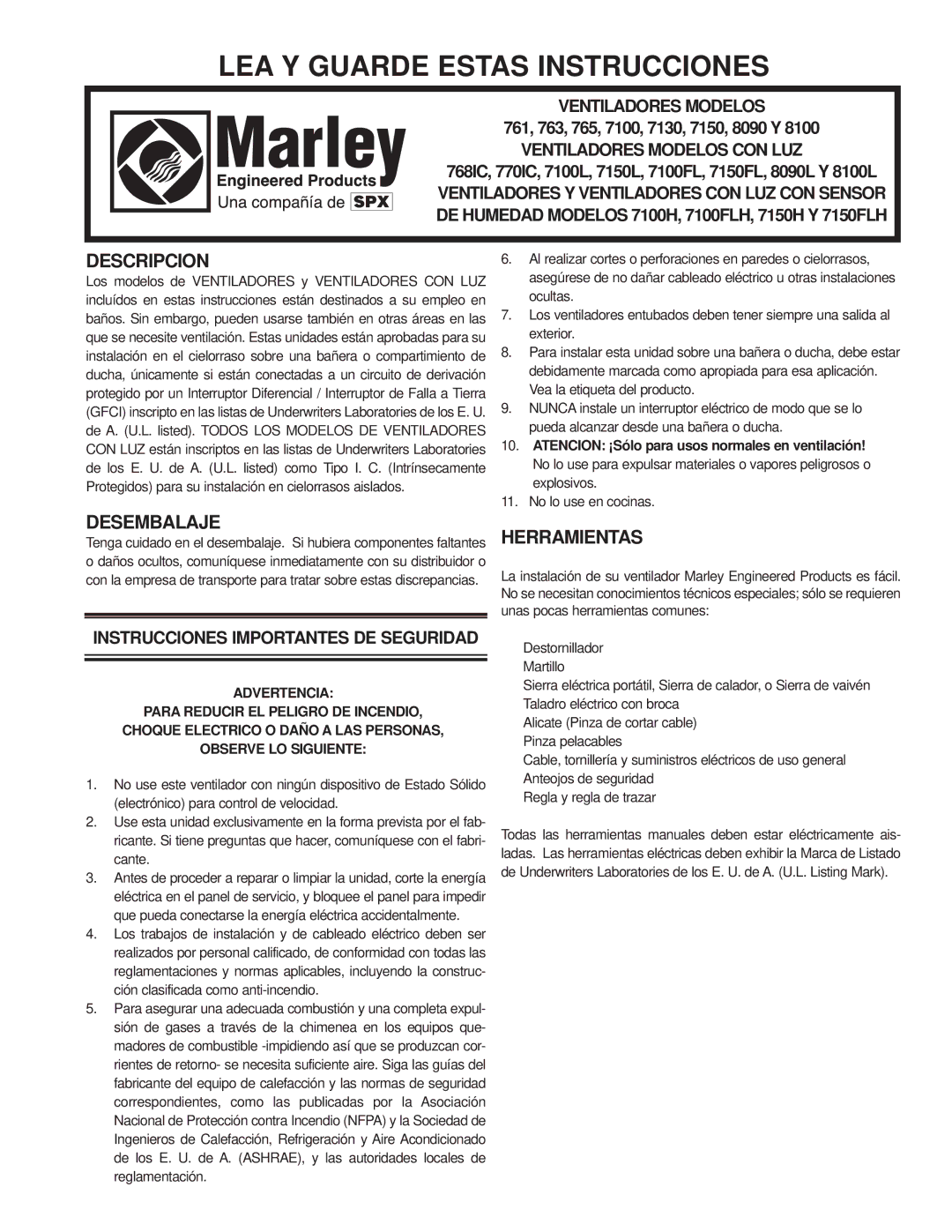 Marley Engineered Products 761, 763, 7100FL, 7100L, 765, 7150L, 8090, 8100L, 770IC Descripcion, Desembalaje, Herramientas 