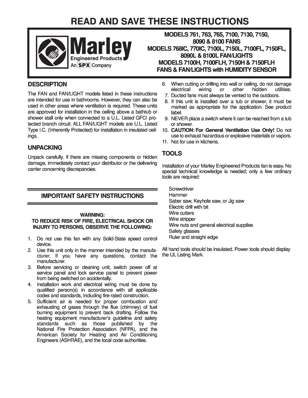 Marley Engineered Products 763 important safety instructions Read And Save These Instructions, Models, 8090 & 8100 FANS 