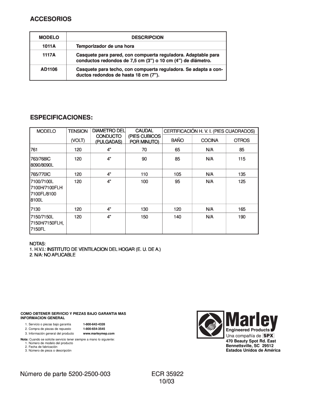 Marley Engineered Products 763, 761, 7100FL, 8100 Accesorios, Especificaciones, Número de parte, 10/03, Modelo, Descripcion 
