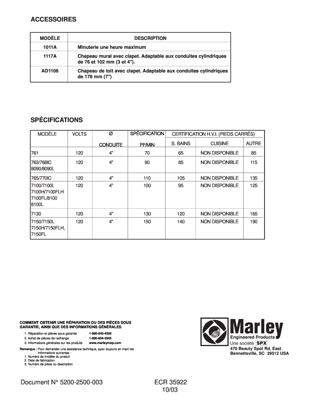 Marley Engineered Products 7150 Accessoires, Spécifications, Document N, 10/03, Modèle, Description, de 76 et 102 mm 3 et 