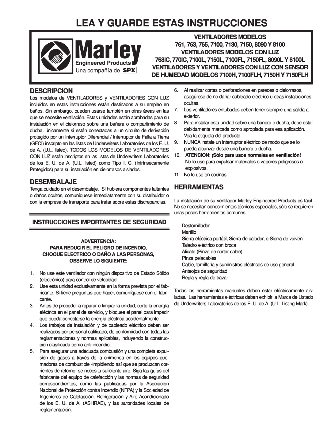 Marley Engineered Products 7150, 761 Lea Y Guarde Estas Instrucciones, Descripcion, Desembalaje, Herramientas, Advertencia 