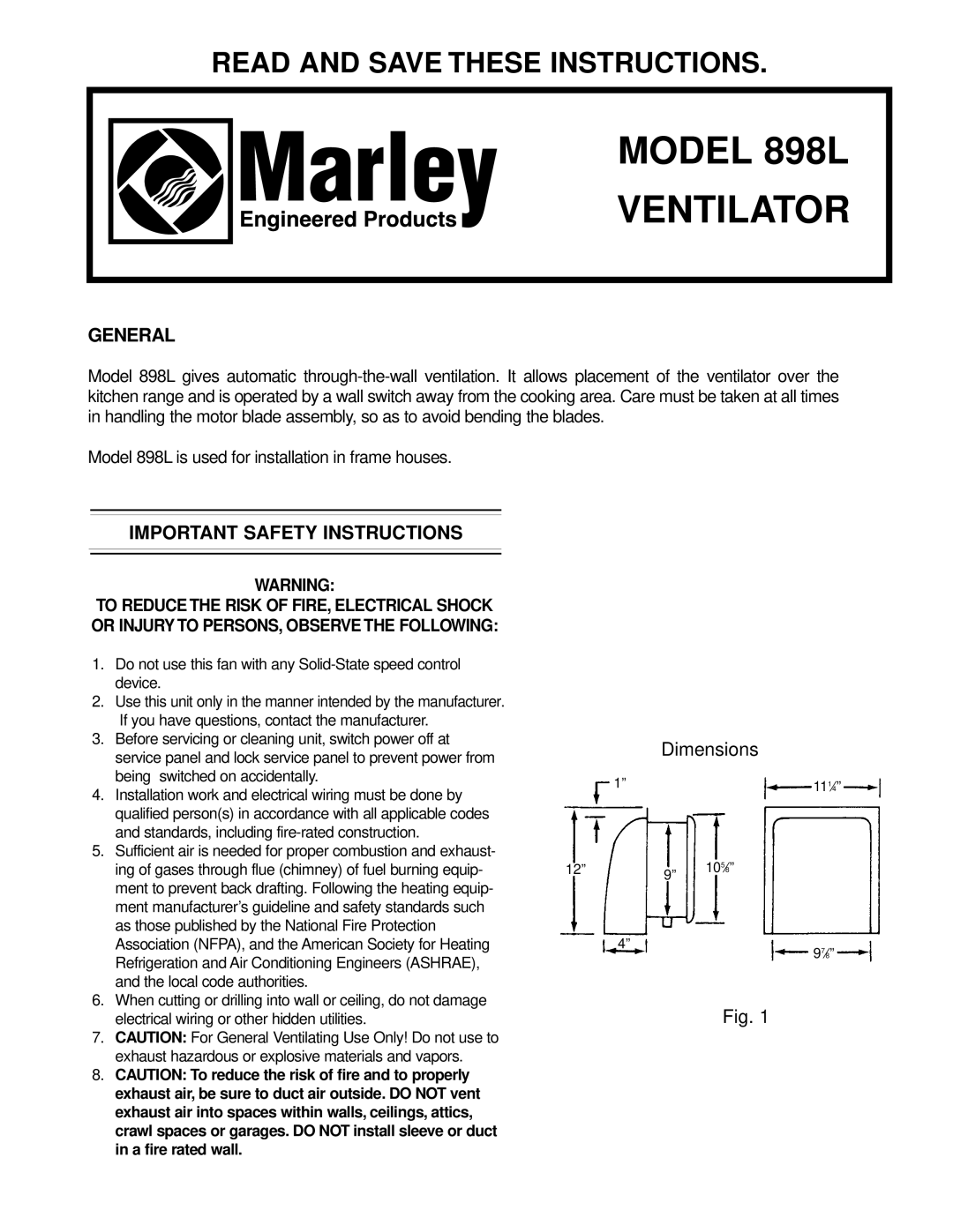 Marley Engineered Products 898L important safety instructions General, Important Safety Instructions 