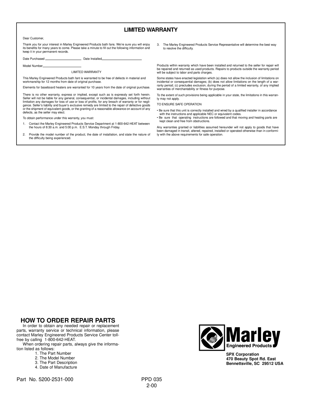 Marley Engineered Products 898L important safety instructions HOW to Order Repair Parts, Limited Warranty 