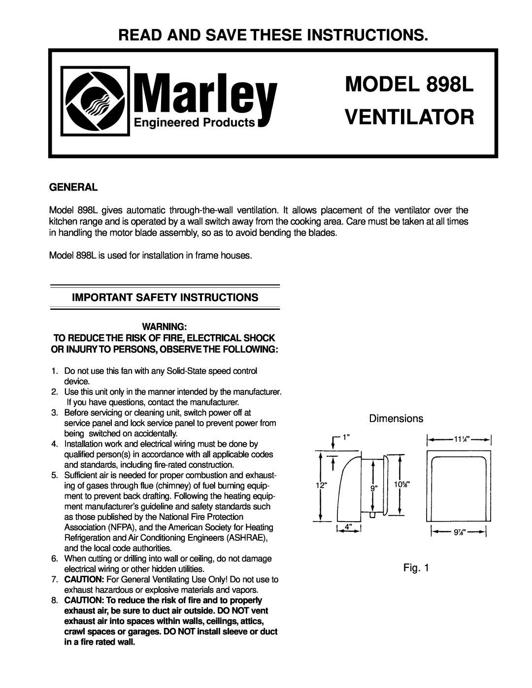 Marley Engineered Products 898L important safety instructions General, Important Safety Instructions 