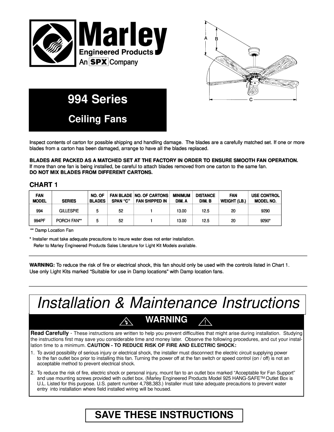 Marley Engineered Products 994 manual Save These Instructions, Chart, Installation & Maintenance Instructions, Series 