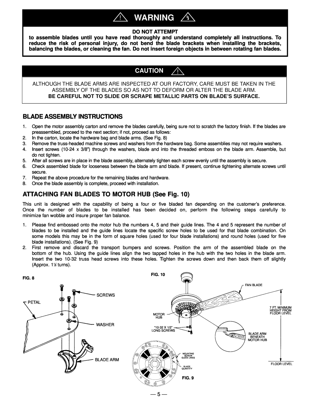 Marley Engineered Products 994 manual Blade Assembly Instructions, ATTACHING FAN BLADES TO MOTOR HUB See Fig 