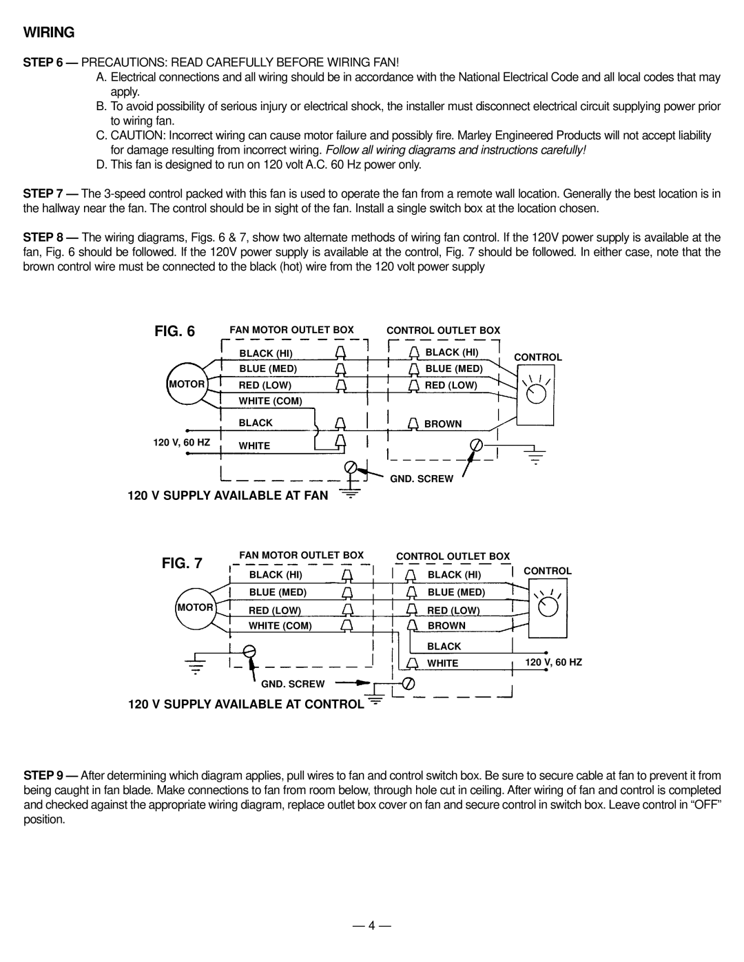 Marley Engineered Products A24DD manual Wiring, Supply Available AT FAN, Supply Available AT Control 