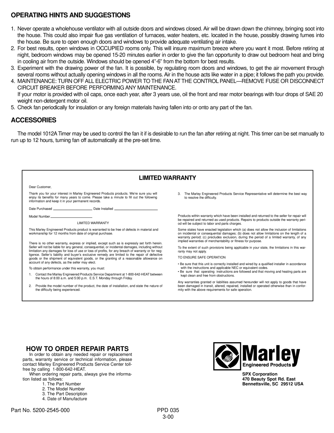 Marley Engineered Products A24DD Operating Hints and Suggestions, Accessories, HOW to Order Repair Parts, Limited Warranty 