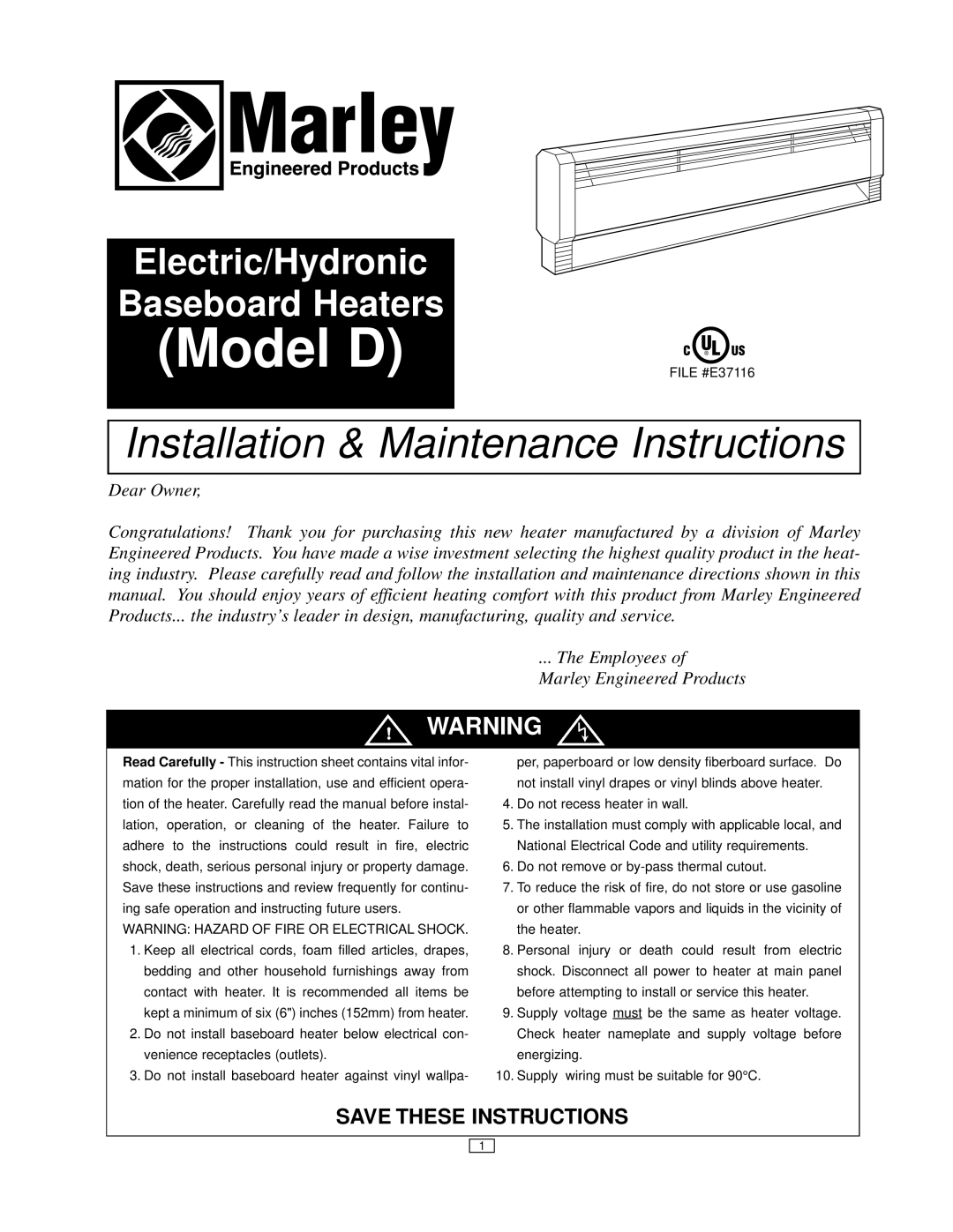 Marley Engineered Products instruction sheet Model D, Installation & Maintenance Instructions, Save These Instructions 