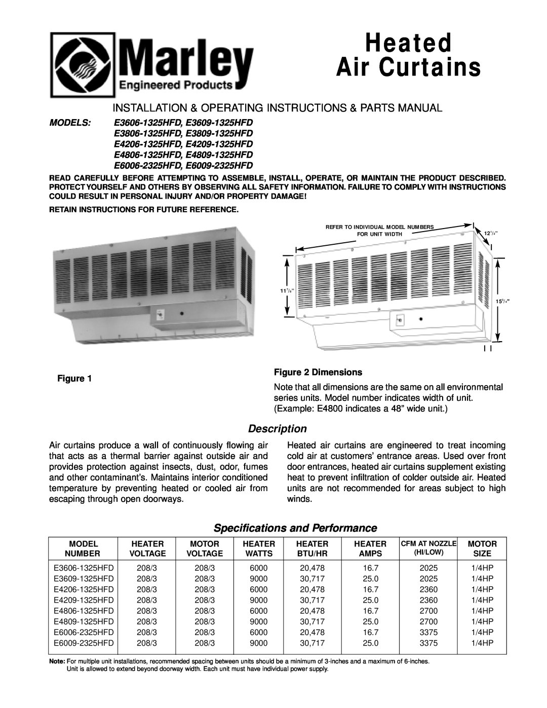 Marley Engineered Products E6006-2325HFD specifications Description, Specifications and Performance, Heated Air Curtains 