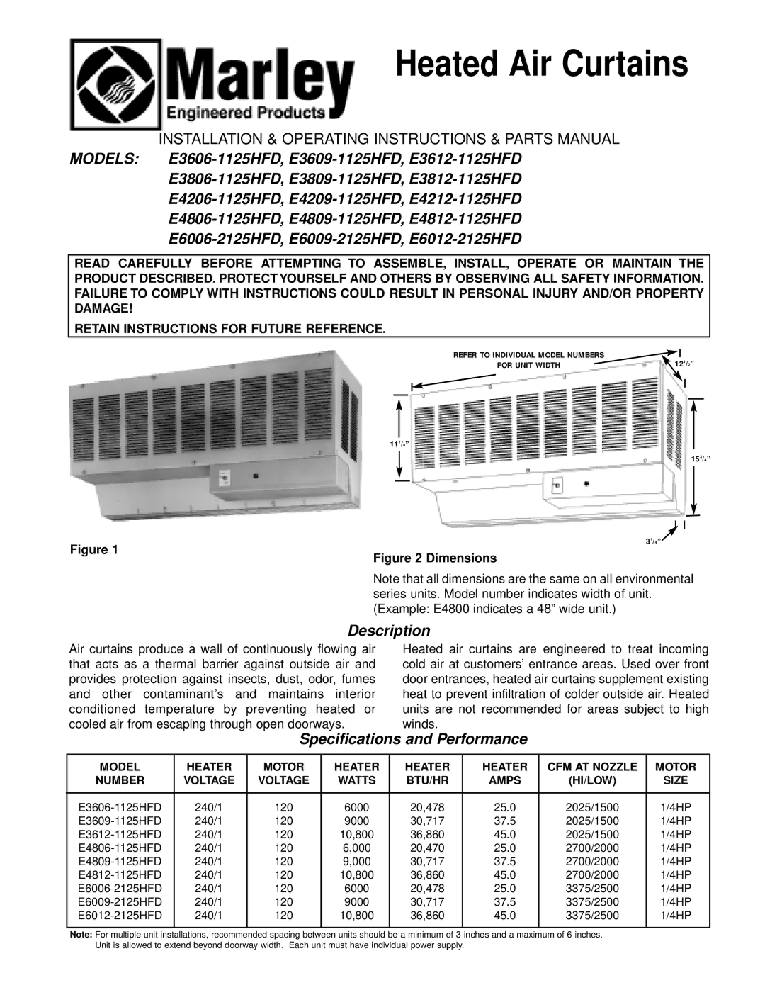 Marley Engineered Products E6009-2125HFD, E6012-2125HFD specifications Description, Specifications and Performance 