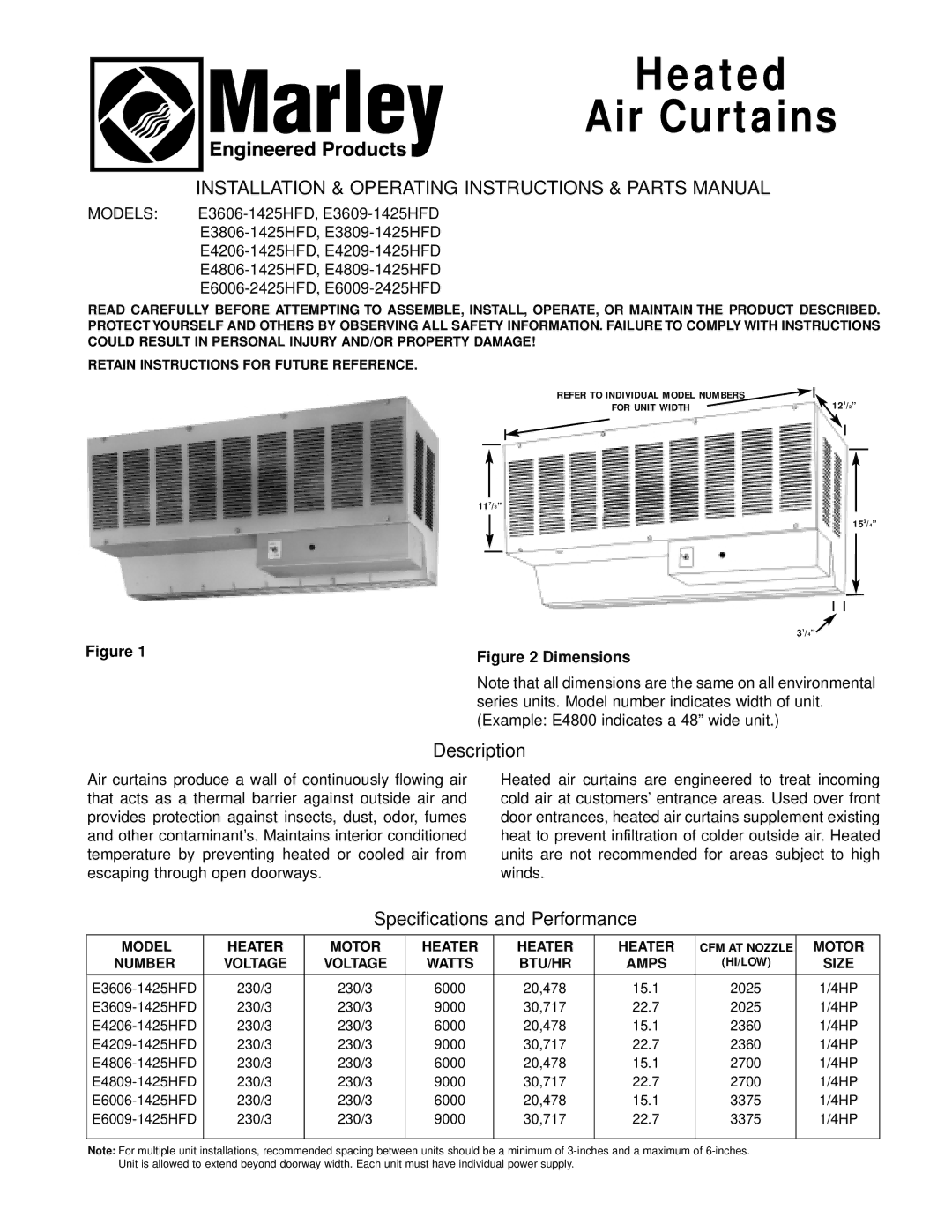 Marley Engineered Products E4812-1125HFD, E6012-2125HFD, E6009-2125HFD, E3606-1125HFD E3606-1425HFD, E3609-1425HFD 