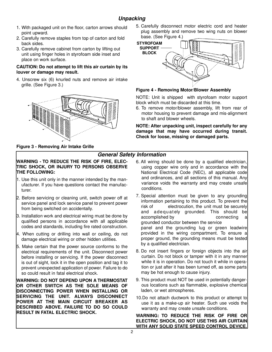 Marley Engineered Products E4812-1125HFD Unpacking, General Safety Information, Ely grounded. This should be, Connecting a 